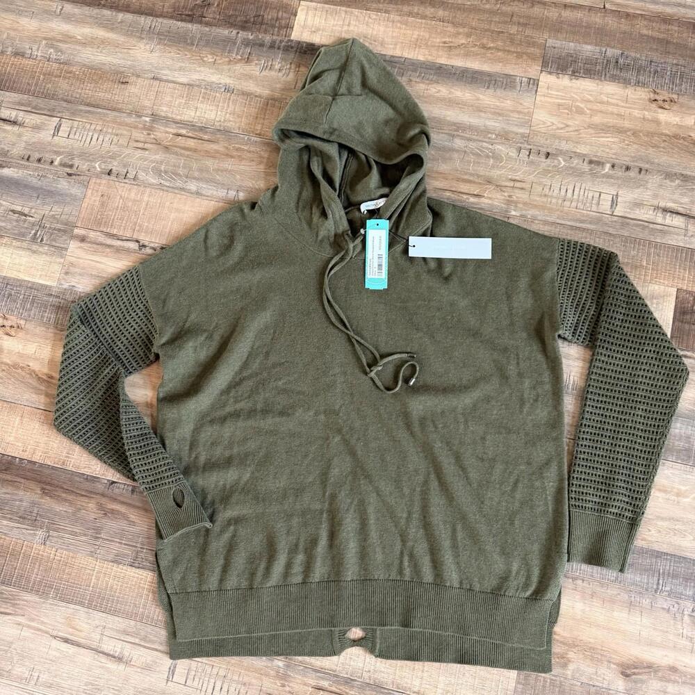 Stitches & Stripes Olive Crochet Pullover Sweater Hooded Size S oversized soft‎